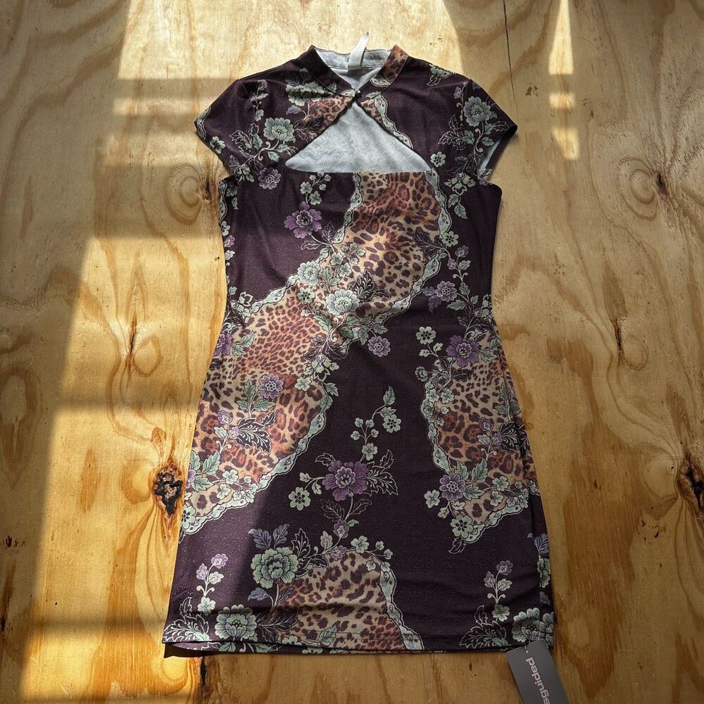 NWT Missguided Floral Leopard Shimmer Cutout Mini Dress - Large